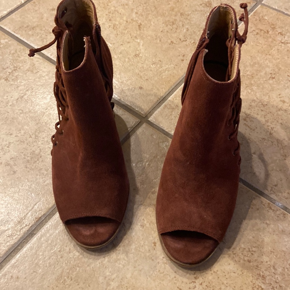 Brown open toe booties